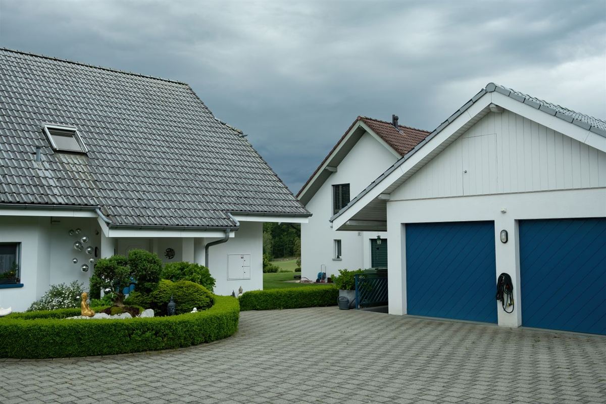 Pair of blue residential garage doors under an overcast sky